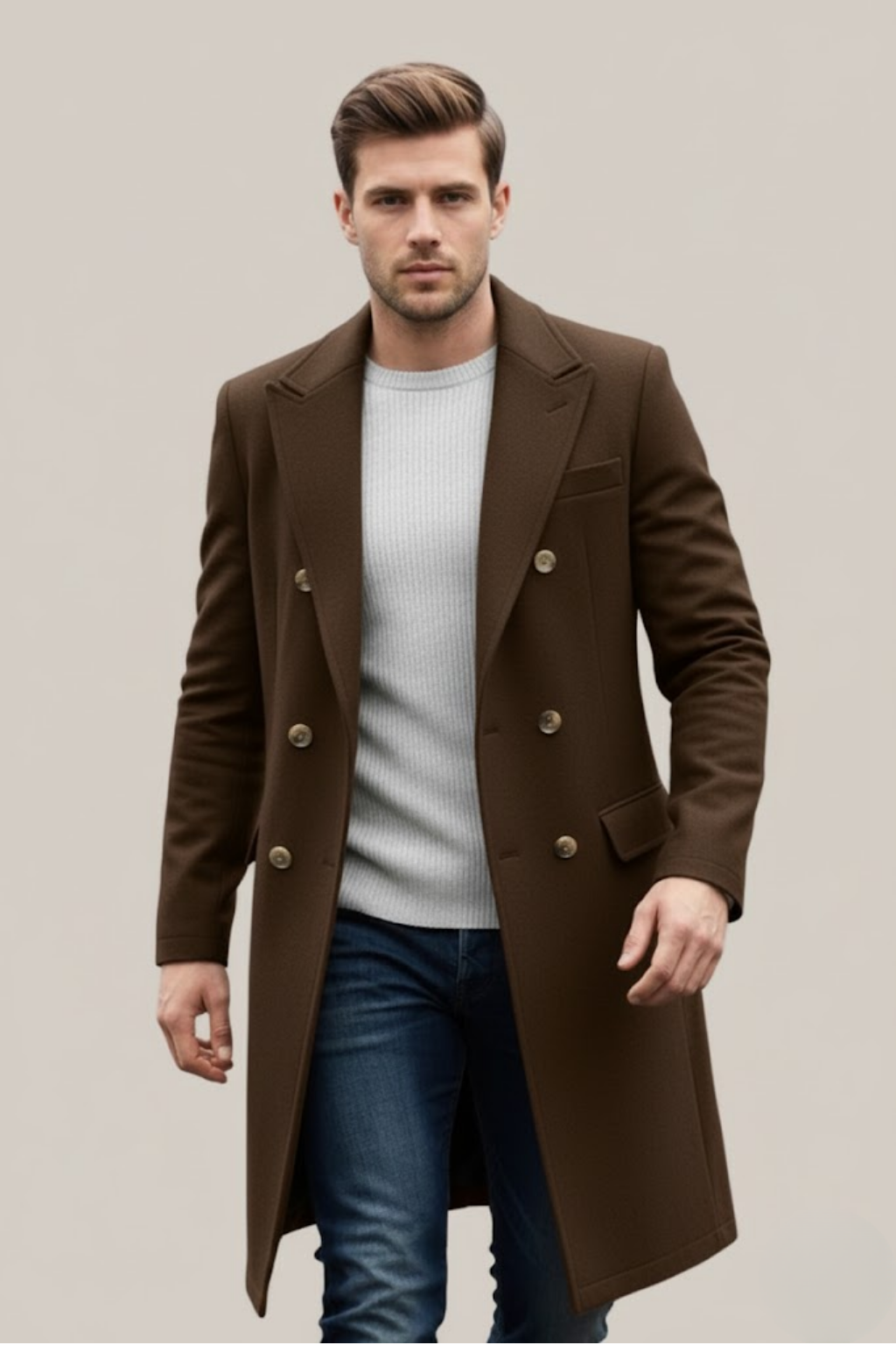 Modern men's double-breasted long trench coat, offering a sleek formal & smart casual style for business attire.