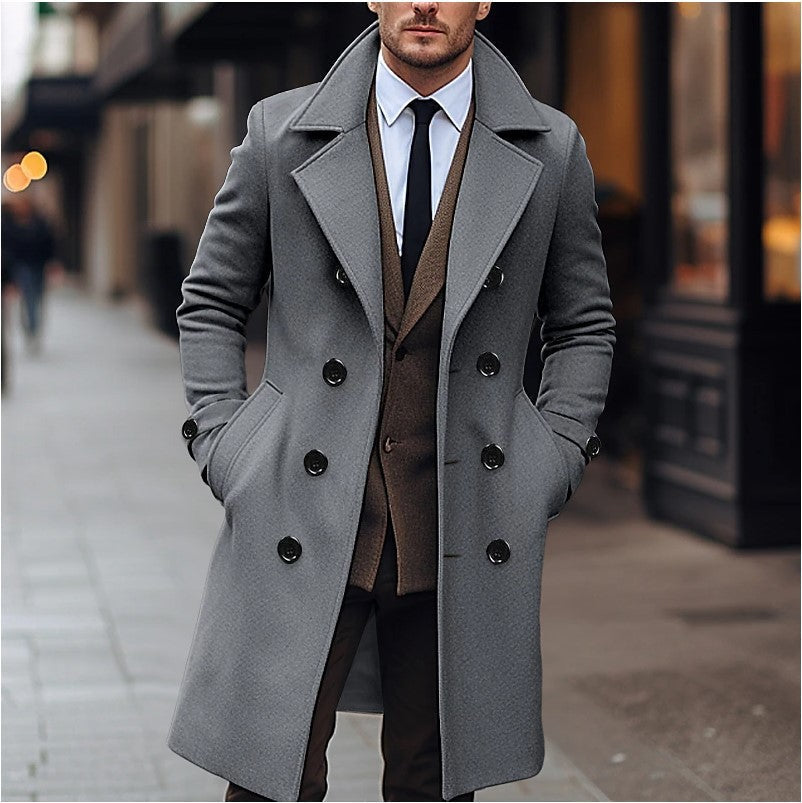 Men's double-breasted long winter overcoat, tailored for an elegant look. Classic men's outerwear, formal & smart casual.