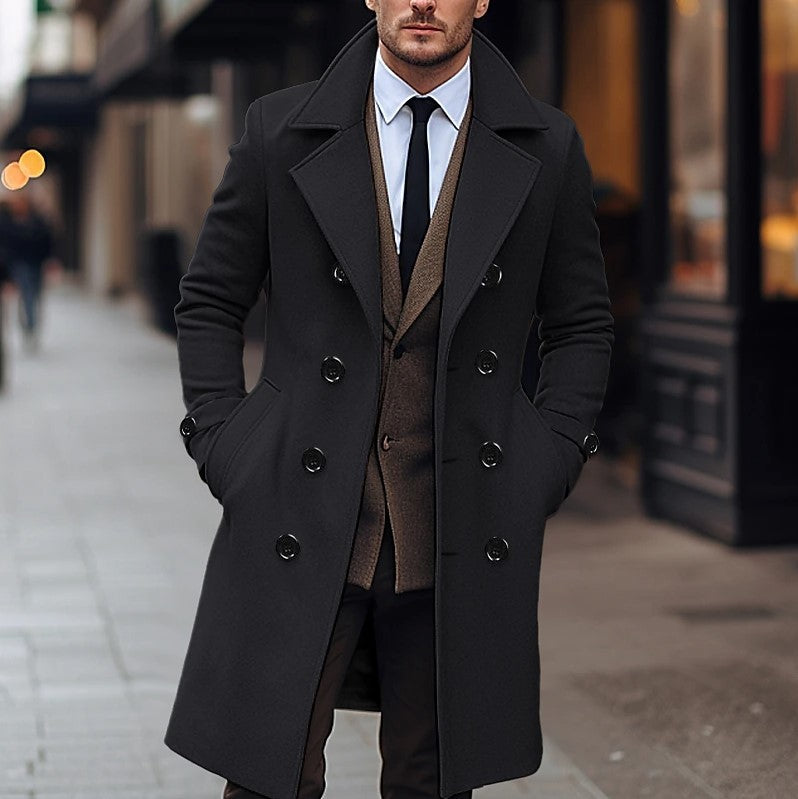 Elegant men's double-breasted long overcoat in a classic style. Ideal winter outerwear for smart casual & formal occasions.
