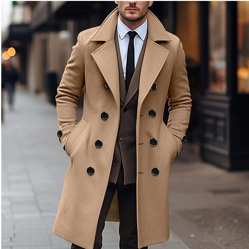 Tailored men's double-breasted long winter overcoat, exuding classic elegance. A stylish men's fashion outerwear piece.