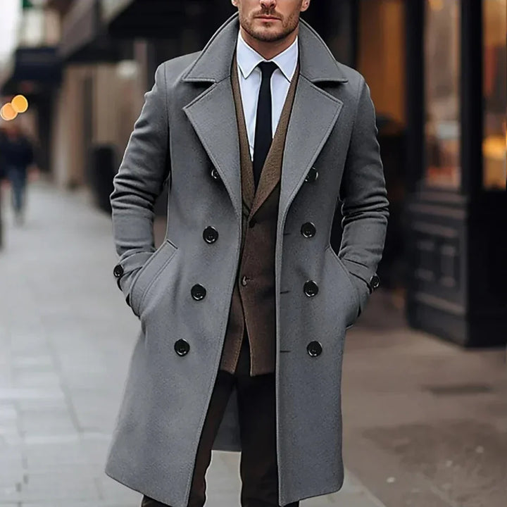 Men's double-breasted overcoat, tailored for elegant all-season wear. Classic style, perfect for formal or smart casual.