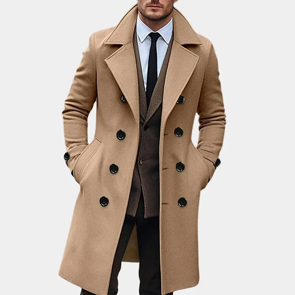 Stylish men's double-breasted trench coat. All-season outerwear, ideal for business, city style & formal events.