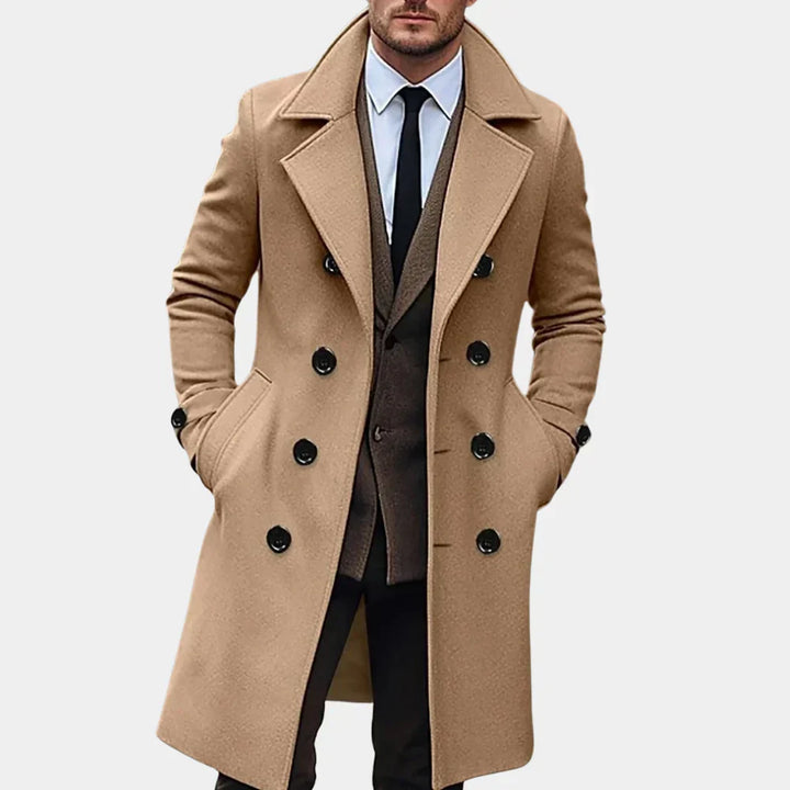 Stylish men's double-breasted trench coat. All-season outerwear, ideal for business, city style & formal events.