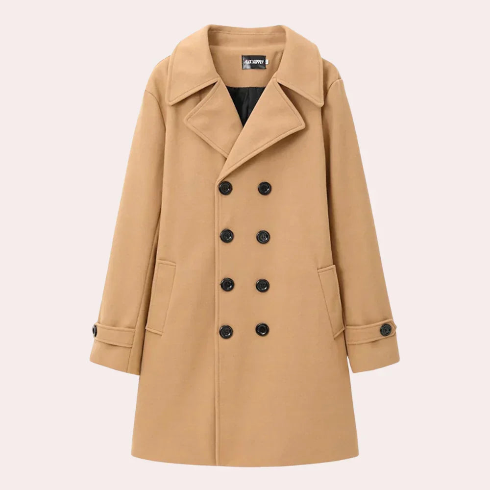 Modern gentleman's double-breasted overcoat. Tailored classic style, perfect for business attire & elegant fashion.