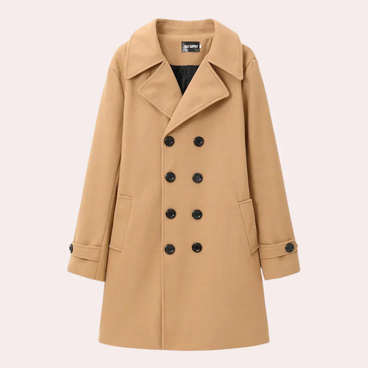 Modern gentleman's double-breasted overcoat. Tailored classic style, perfect for business attire & elegant fashion.