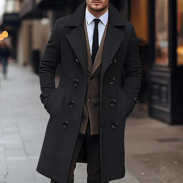 Classic men's double-breasted overcoat. Tailored for all-season elegance, perfect for city style & business attire.