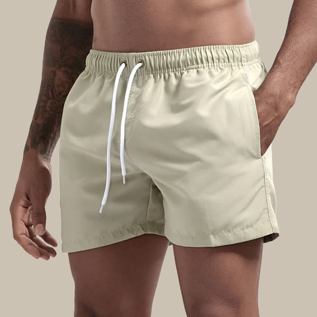 Men's drawstring waist swim shorts for beach & pool; quick dry summer swimwear for vacation.