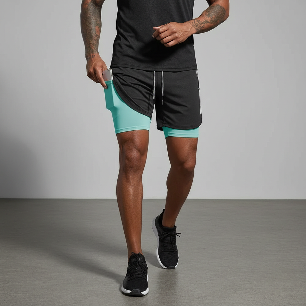Men's dual-layer running shorts by RunVibeX with secure phone pocket for active performance.