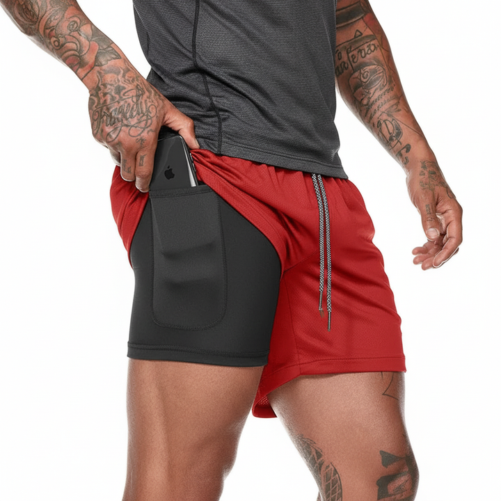 Versatile men's sports shorts by RunVibeX, dual-layer for running, gym, and all training activities.