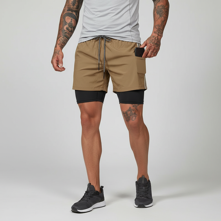 Comfortable RunVibeX men's workout shorts, dual-layer with secure phone pocket for distraction-free runs.
