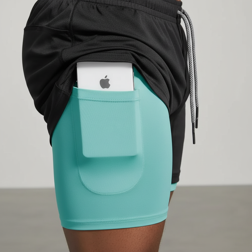 Men's RunVibeX training shorts, dual-layer with a secure phone pocket, perfect for gym wear and sports.