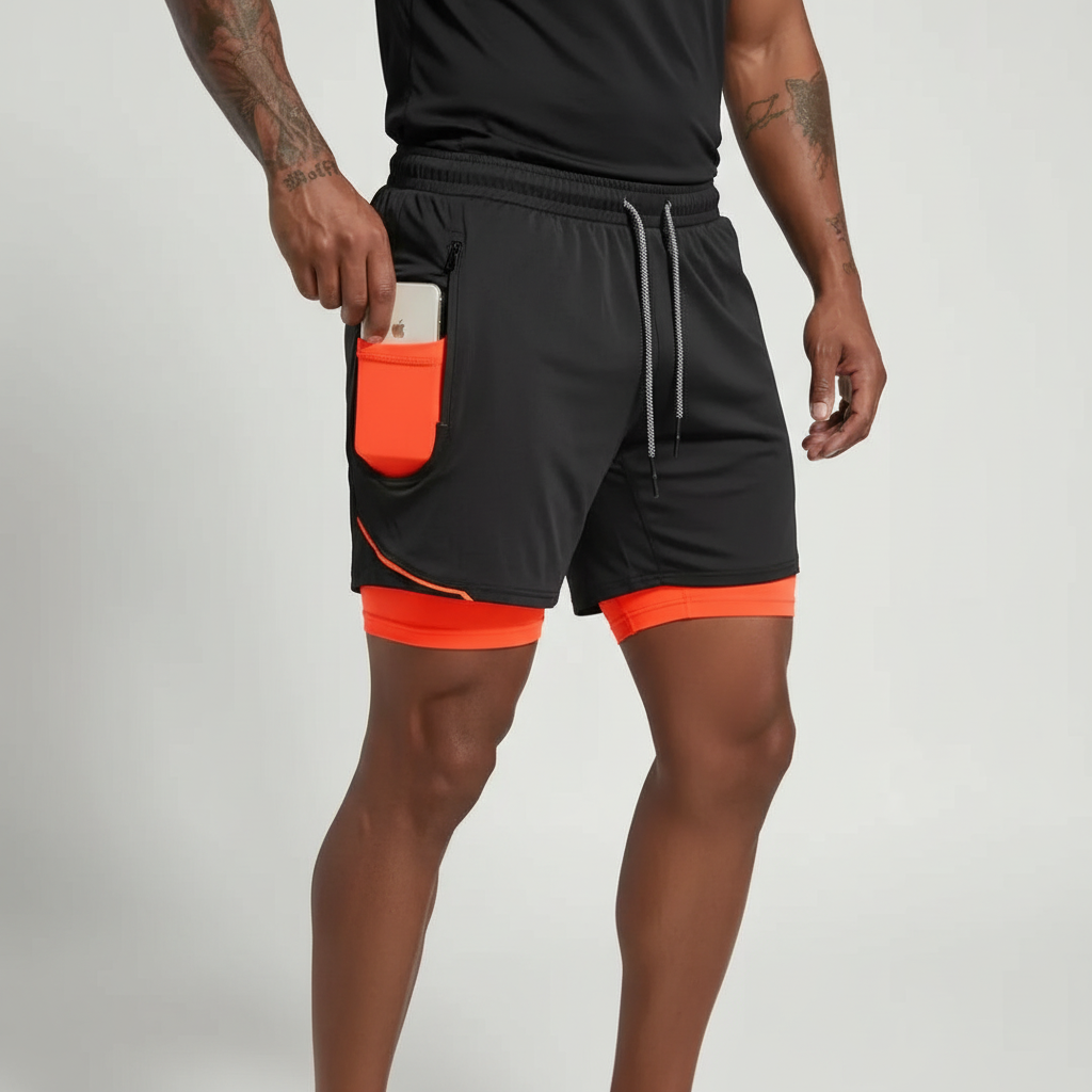 Performance men's running shorts, dual-layer design by RunVibeX, ideal for gym workouts & sports.