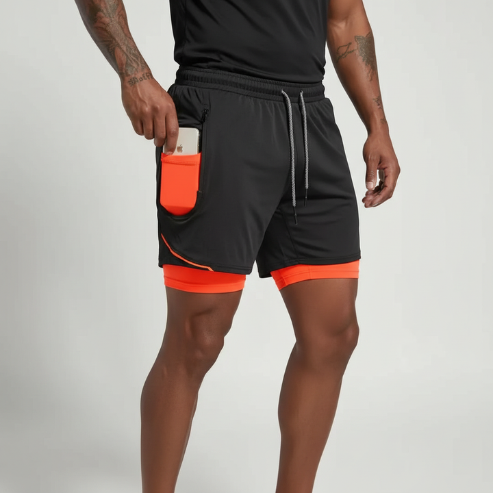 Performance men's running shorts, dual-layer design by RunVibeX, ideal for gym workouts & sports.