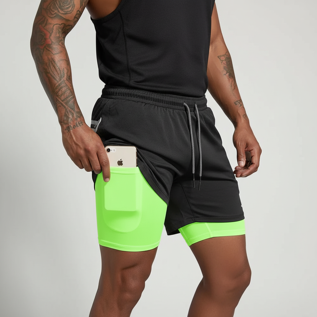 Side view of RunVibeX men's dual-layer athletic shorts, highlighting secure phone pocket detail.