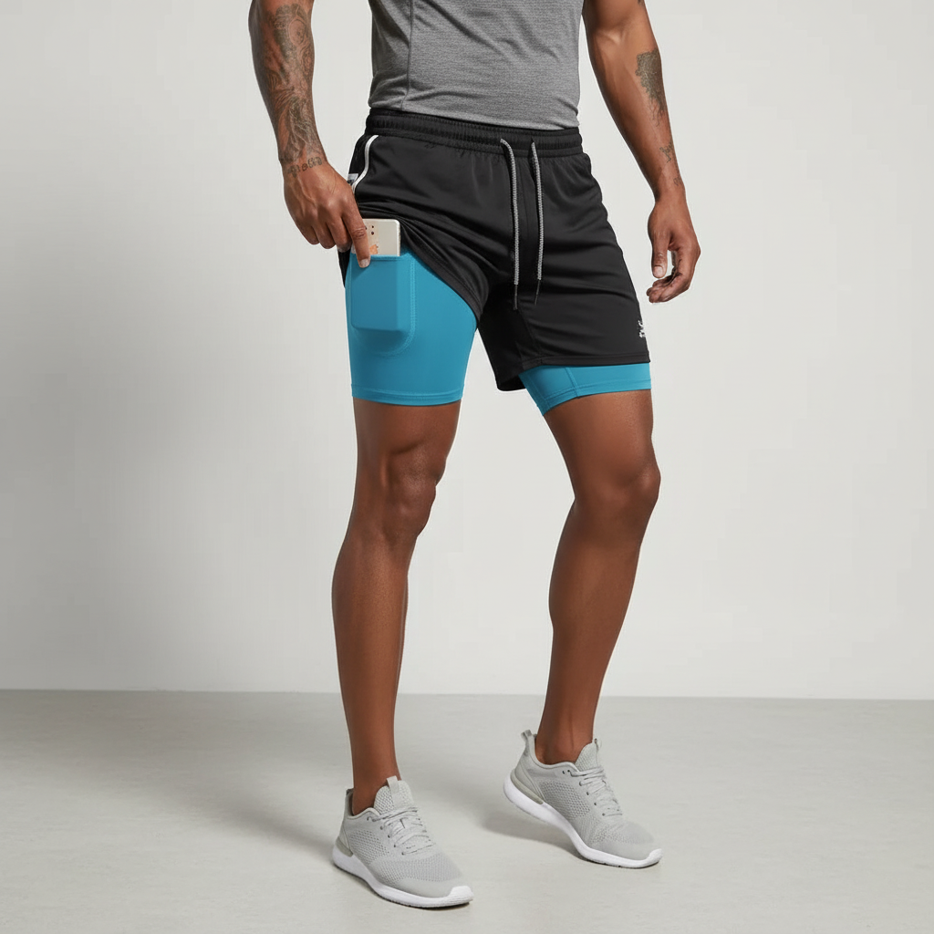 Back view of RunVibeX men's dual-layer running shorts, emphasizing comfortable fit for activewear.