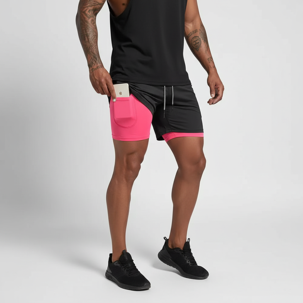 Close-up of quick-dry fabric on RunVibeX men's performance shorts, perfect for comfortable gym wear.