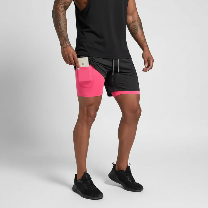 Close-up of quick-dry fabric on RunVibeX men's performance shorts, perfect for comfortable gym wear.