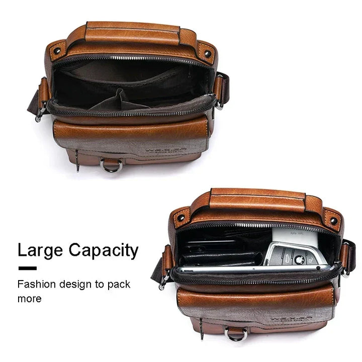 Light brown men's durable shoulder bag with adjustable strap. Versatile crossbody carry for work or leisure essentials.