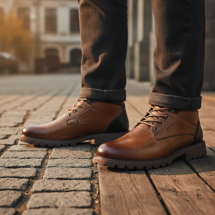 Mens stylish brown leather combat boots with a worn look, suitable for rugged footwear trends