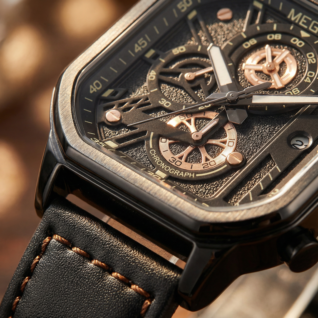 Stylish men's durable watch with a dark blue dial, silver bezel, and prominent chronograph functions.