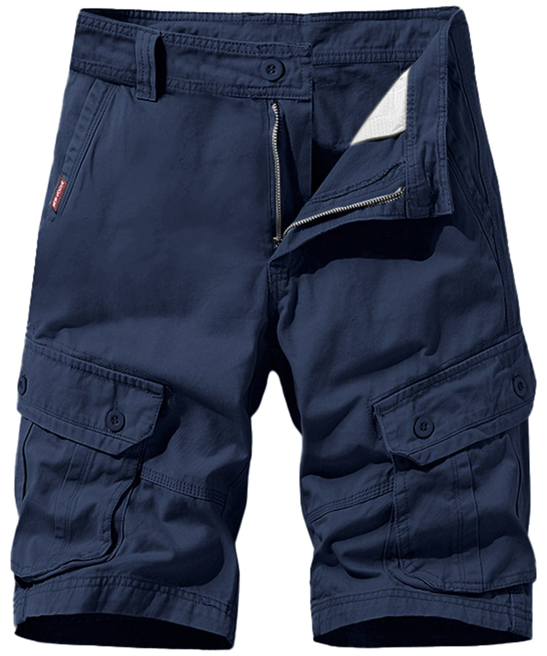 Man wearing comfortable grey cotton cargo shorts, suitable for casual wear.