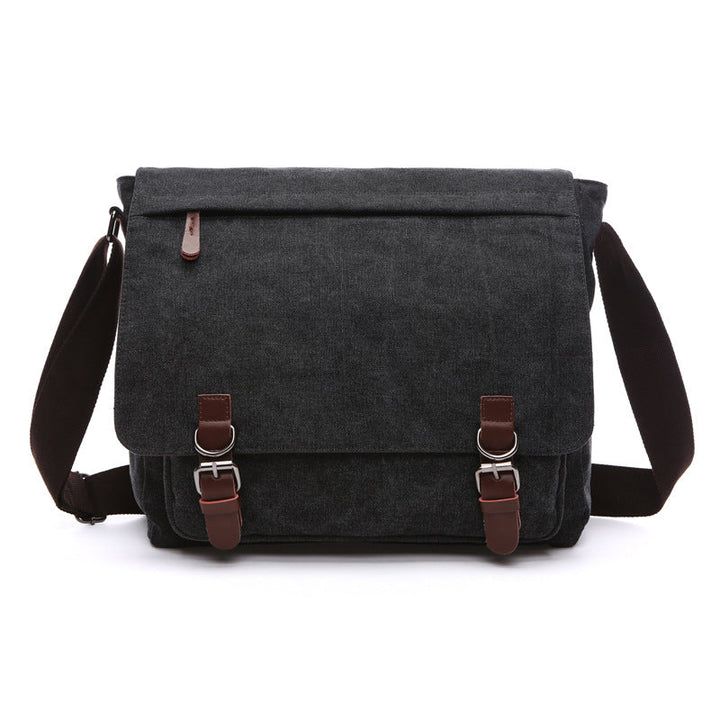 Rugged men's buckle messenger bag, designed for durability and versatile use as a work or school bag.