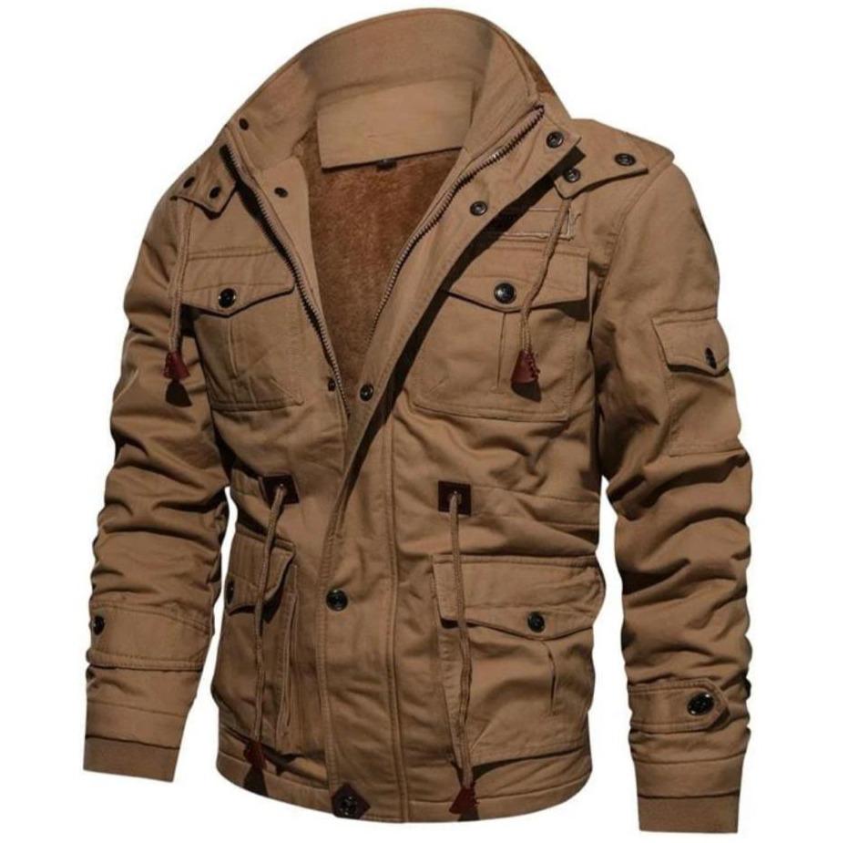 Close-up of men's pilot bomber jacket, showing heavy-duty cotton fabric and soft fleece interior