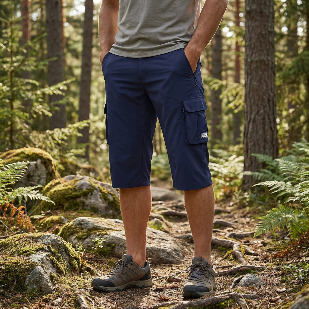 Men's durable Sherman cargo shorts for outdoor hiking & adventure with multiple utility pockets.