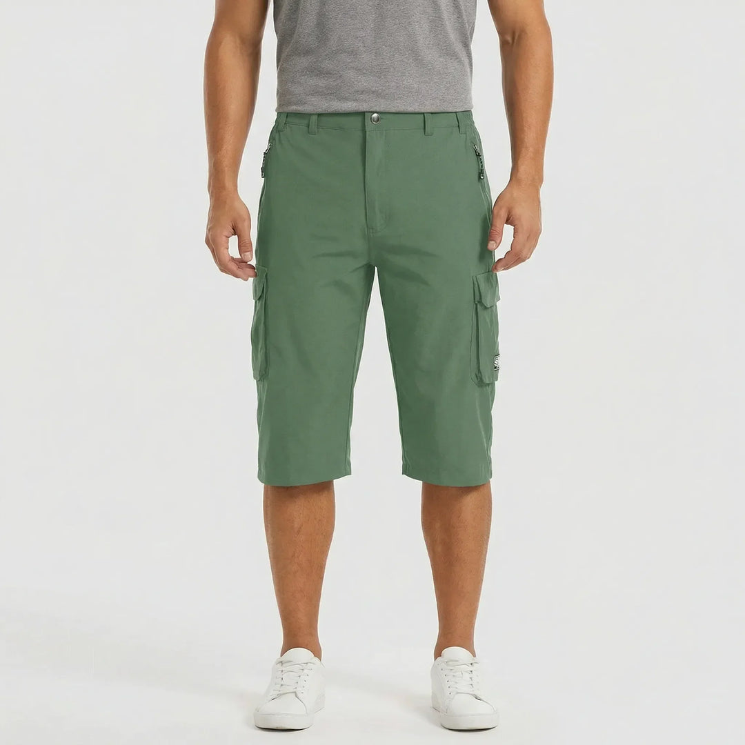 Quick-dry men's travel cargo shorts in a neutral color, perfect for long trips and comfort.