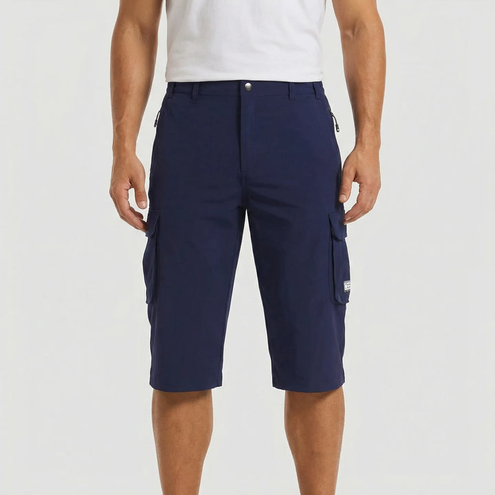 Close-up of durable fabric on men's utility cargo shorts, showing pocket detail.