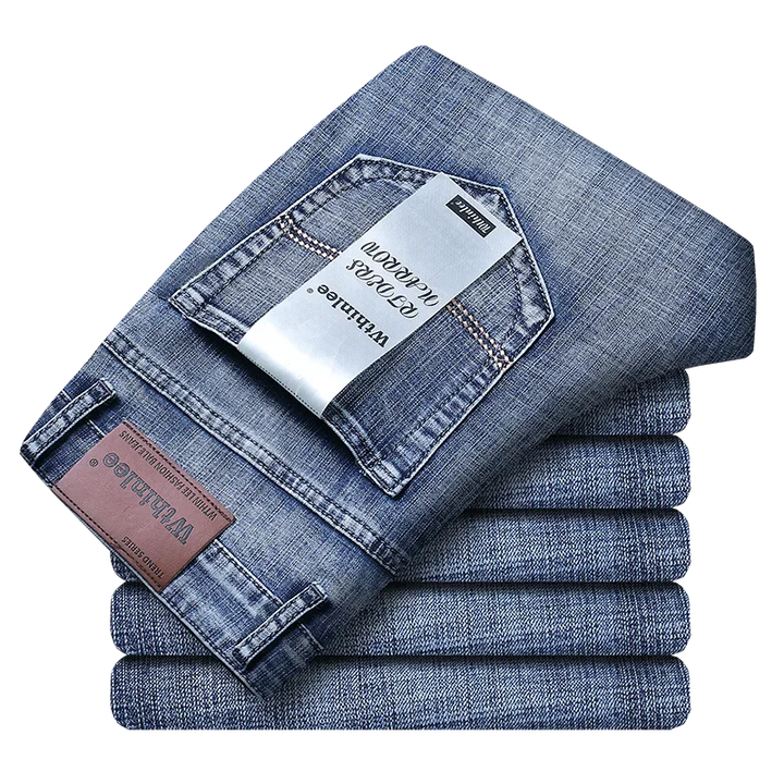 Men's durable stretch denim jeans, straight leg for comfort, ideal for workwear & casual outfits.