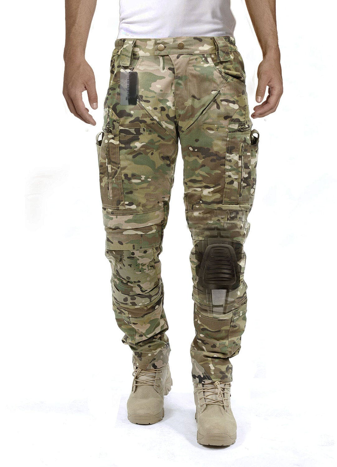Adventure-ready men's tactical cargo pants, durable design with knee pads for rugged outdoor use.