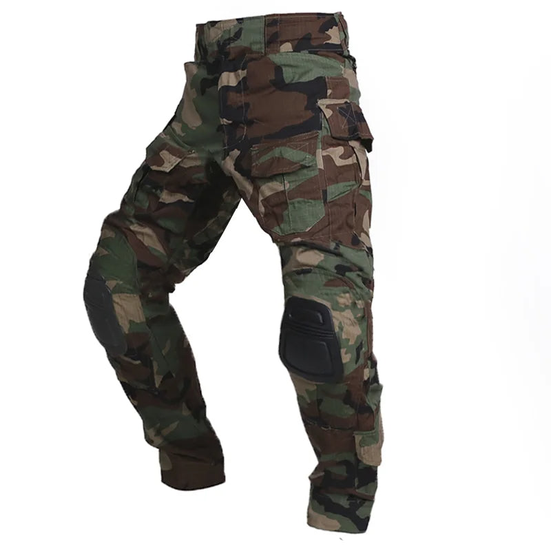 Khaki men's tactical cargo pants with knee pads, durable military-style utility pants for tough jobs.