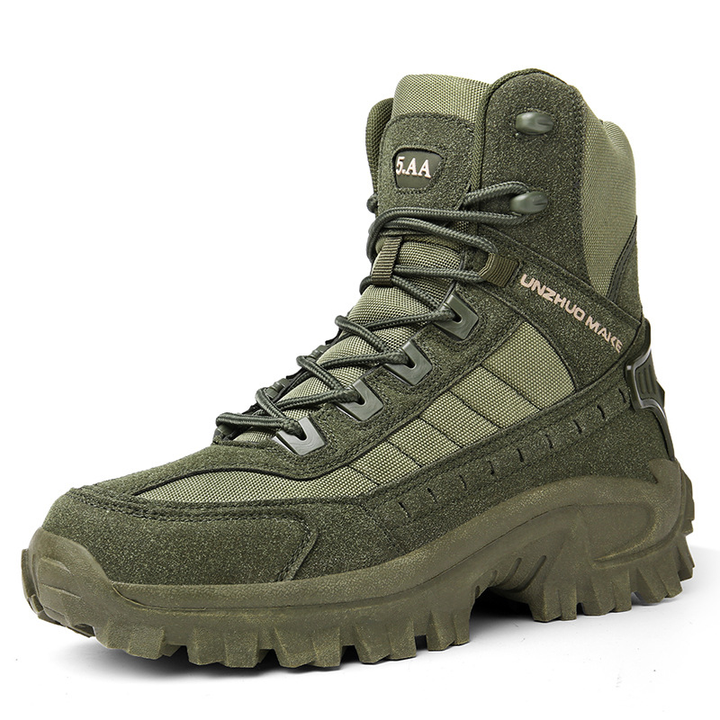 Lace-up men's outdoor boots, perfect for hiking and work, combining style with strength.