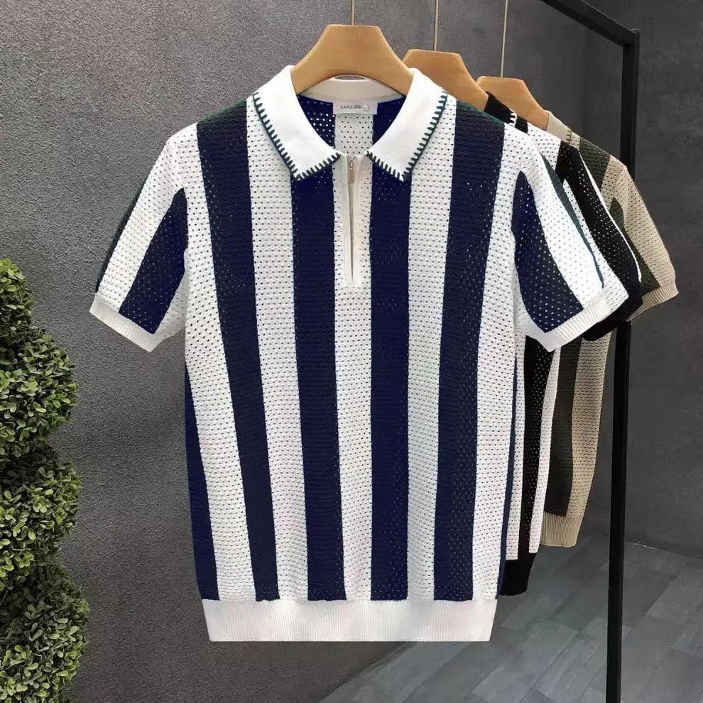 Comfortable men's short sleeve polo featuring a contemporary striped pattern & functional zip-up collar.