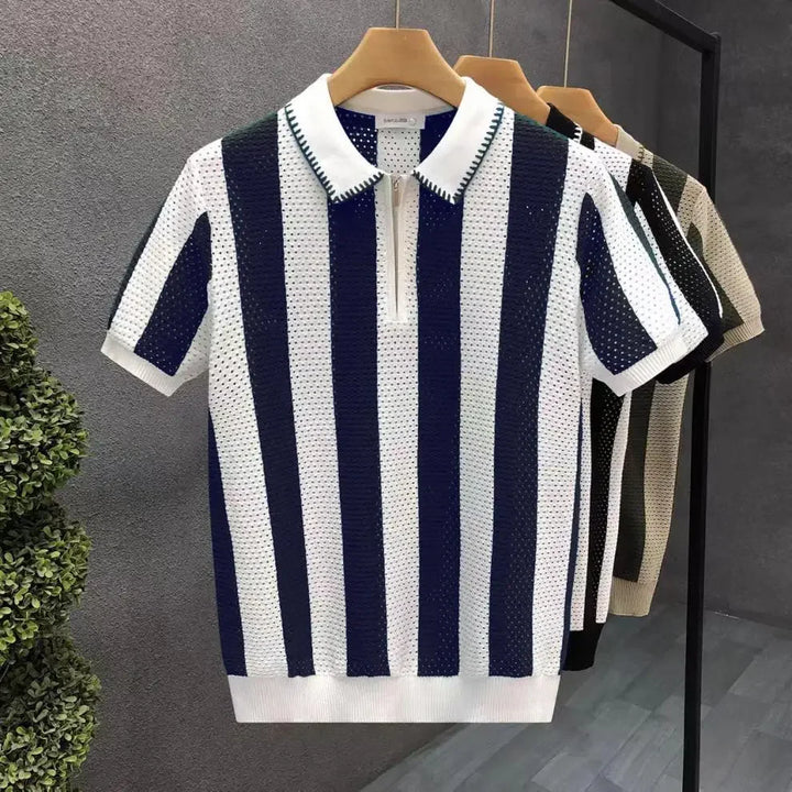 Comfortable men's short sleeve polo featuring a contemporary striped pattern & functional zip-up collar.