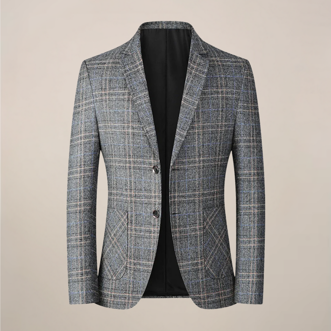 Sophisticated men's slim fit embroidered blazer paired with smart casual attire, ideal for tailored event wear.