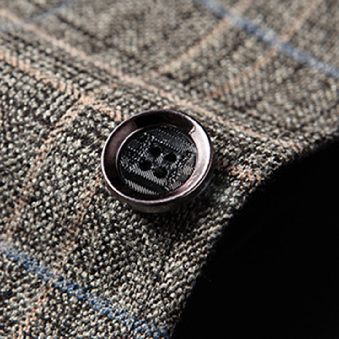 Profile of an elegant men's one-button slim fit blazer jacket, highlighting its sleek tailored design and embroidery.
