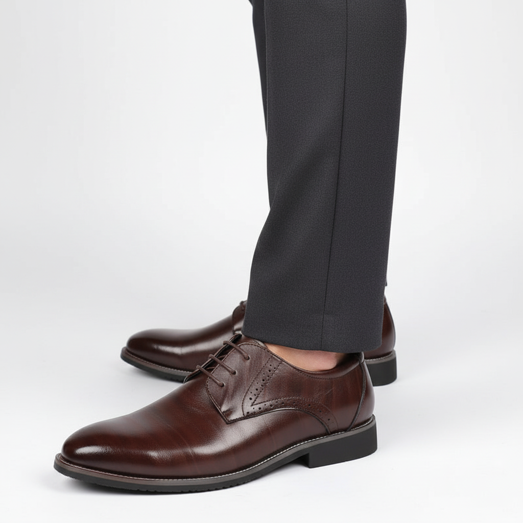 Comfortable men's brogue dress shoes with slip-resistant sole and shock-absorbing features for formal wear.