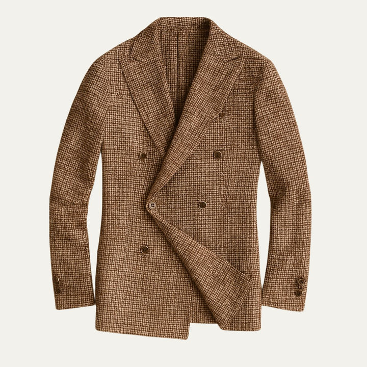 Men's elegant double-breasted checked blazer for smart casual and professional wear.