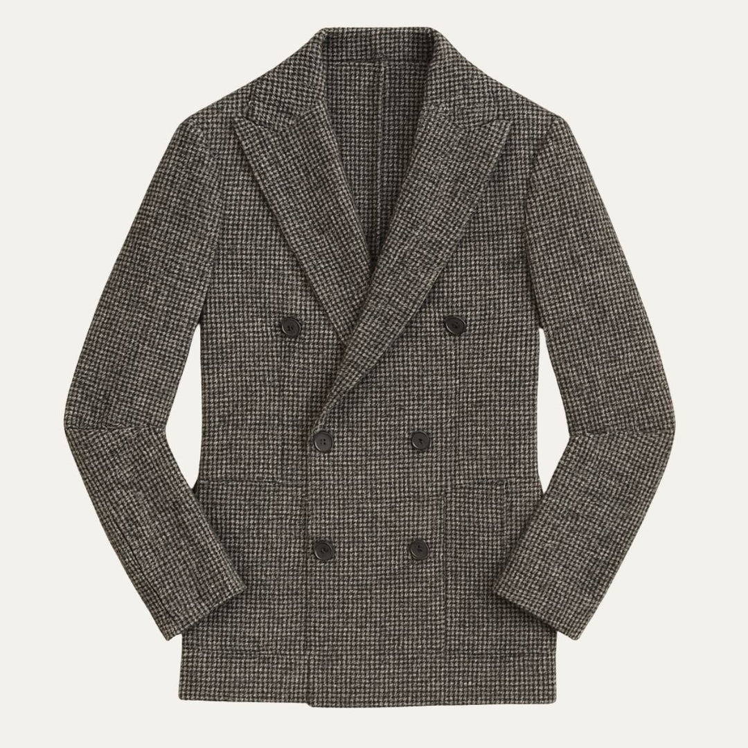 Stylish men's tailored checked blazer, double-breasted design, perfect for formal and smart casual fashion.