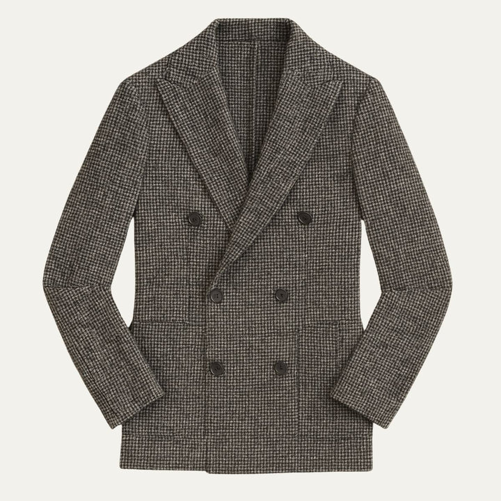Stylish men's tailored checked blazer, double-breasted design, perfect for formal and smart casual fashion.