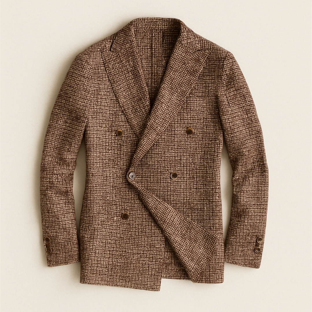 Versatile men's double-breasted checked blazer, ideal for smart casual outfits & professional attire.