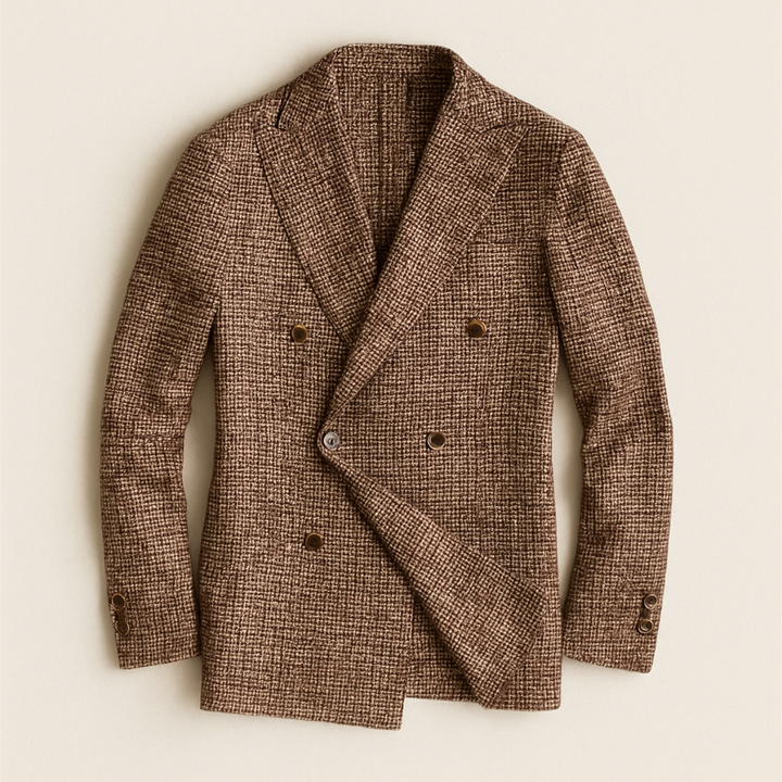 Versatile men's double-breasted checked blazer, ideal for smart casual outfits & professional attire.