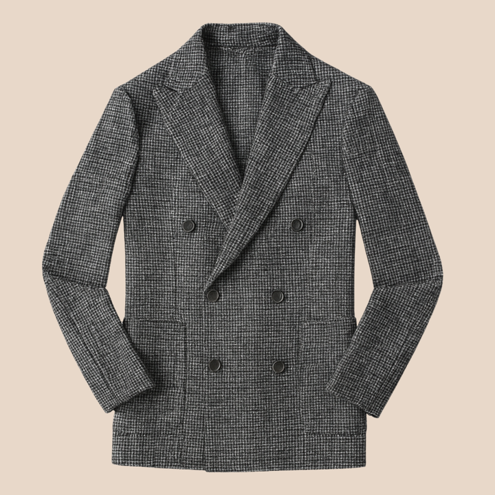 High-quality men's elegant double-breasted checked blazer, a smart casual and formal fashion essential.