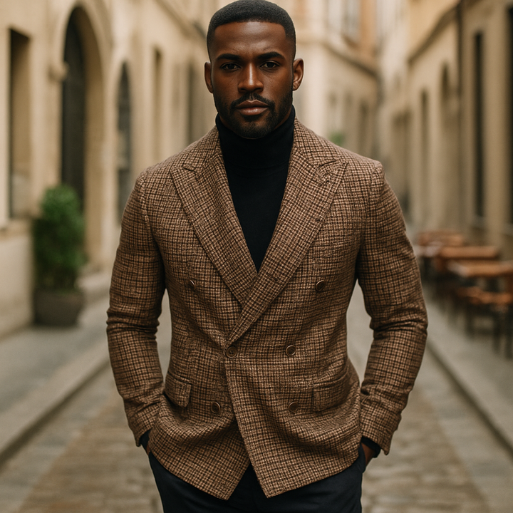 Fashionable men's checked tailored jacket, double-breasted, offering an elegant smart casual look.