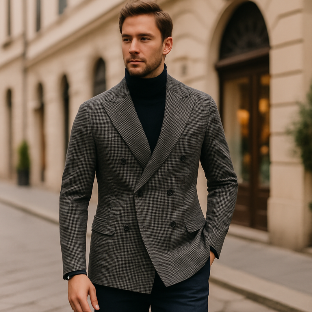Modern men's double-breasted checked blazer, a sophisticated choice for business and casual ensembles.