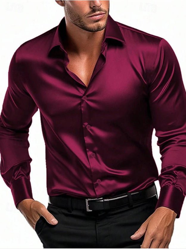 Men's elegant long sleeve dress shirt with satin sheen fabric and a sophisticated Italian collar, perfect for formal wear.