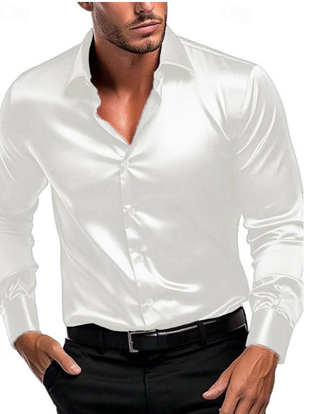 Stylish men's long sleeve dress shirt, ideal for professional or business casual settings, featuring a luxurious satin sheen.
