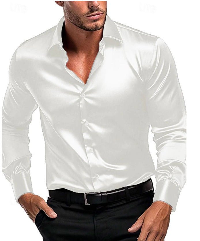 Professional men's satin sheen long sleeve dress shirt featuring a distinctive Italian collar for a sophisticated look.